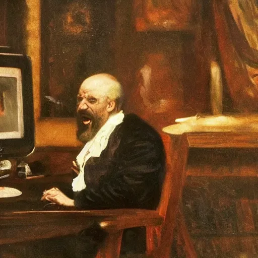 Image similar to an angry man yells at his computer monitor, oil on canvas, 1 8 8 3, highly detailed