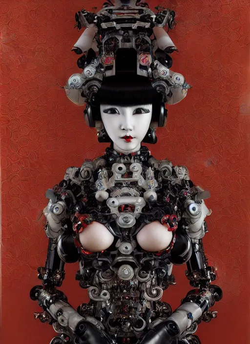 Prompt: portrait of a organic seductive cybernetic latex geisha mecha, imari, modern fine art, fractal, in the style of ghosts in the machine, intricate ornaments, elegant, highly detailed, digital photography, subsurface scattering, by greg rutkowski,