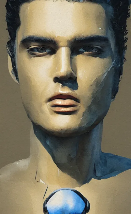 Image similar to a painting a robot with the face of a elvis presley trending on artstation in the style of greg rutkowski, 3 d, watercolor, beautiful, young, portrait