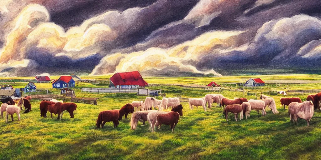 Prompt: a beautiful painting of a icelandic farm, icelandic horses galloping, storm clouds gathering over the town, by studio ghibli 8 k pastel colours, isometric, three point perspective, drone shot, smeared watercolours, golden light, film grain