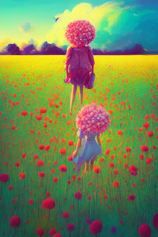 Image similar to giant flower head, girl walking in a flower field, surreal photography, sunrise, dramatic light, impressionist painting, colorful clouds, digital painting, artstation, simon stalenhag