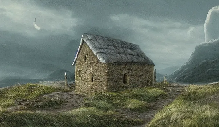 Prompt: A serene landscape with a singular building in the style of the lord of the rings