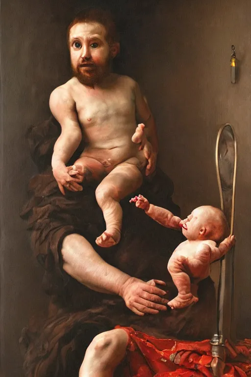 Prompt: hyperrealistic oil painting of a handsome man sitting on a high backed throne with tubes coming out of his arm, stealing blood from a baby in the background. dark. masterpiece