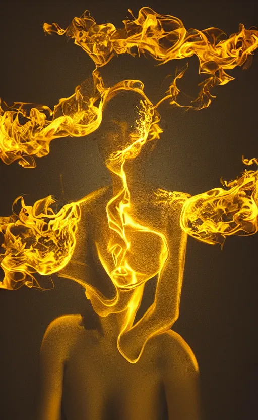 Prompt: a surreal painting of a woman made of golden fire, volumetric lighting