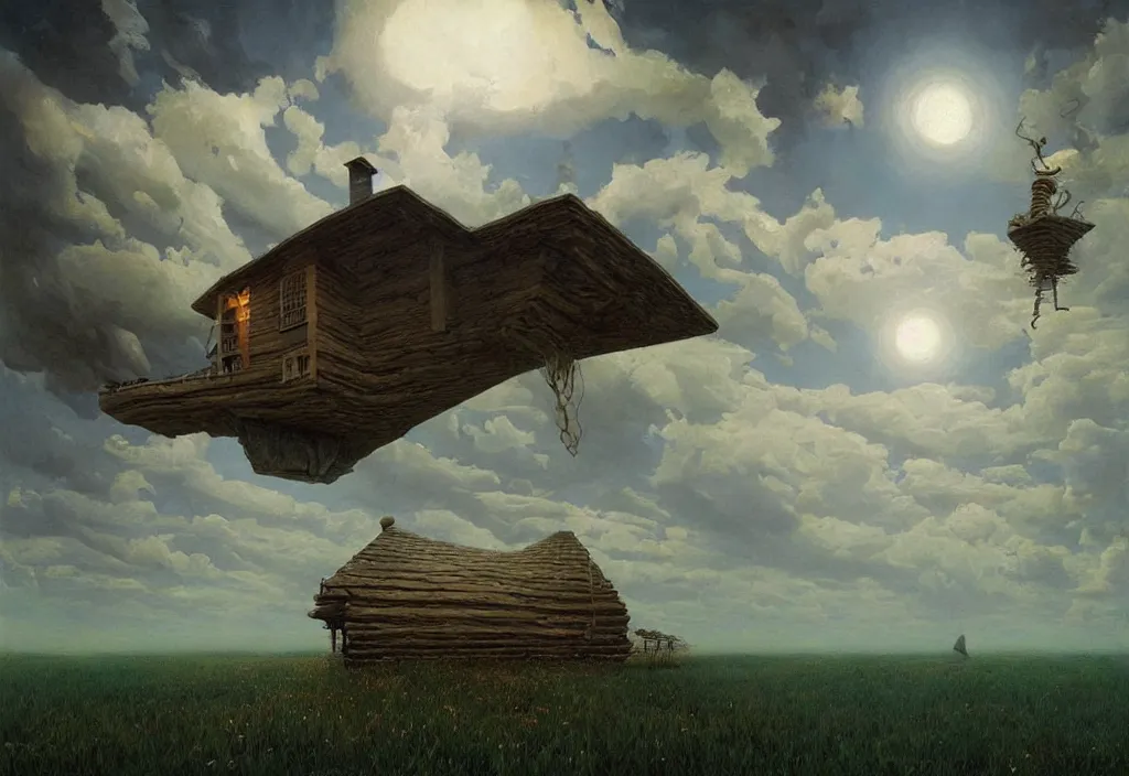 Image similar to a surreal cabin, art by james gurney and greg rutkowski, surrealism by salvador dali, very detailed, high resolution, inspired by rene magritte, volumetric lighting