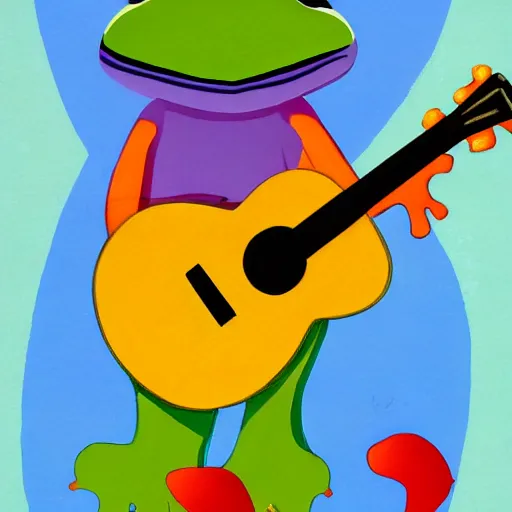 Image similar to frog playing on guitar, blue background, modern