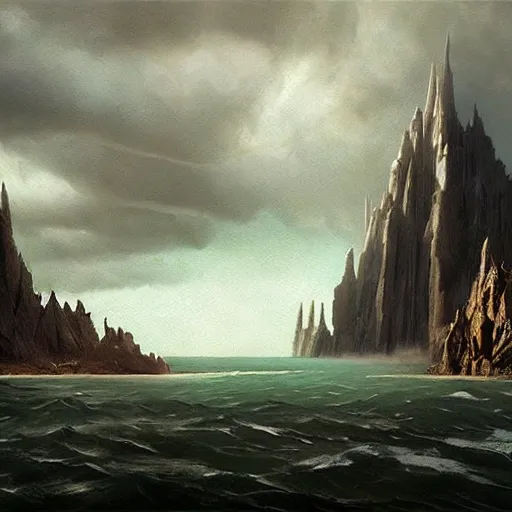 Prompt: fantasy rendering of atlantis rising, torrent, maelstrom, dante, chiseled formations, atmospheric, ambient, livia prima, greg rutkowski, edward hopper, pj crook