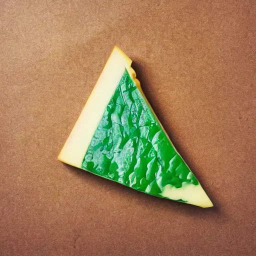 Image similar to a wedge of cheese with a green participation badge hanging from the side, stock art, 8K