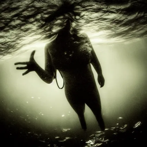 Image similar to sea monster, wide angle, pov underwater, pale skin, dark, foggy water, dramatic,'silent hill ', big eyes, terrifying, horrific, cinematic