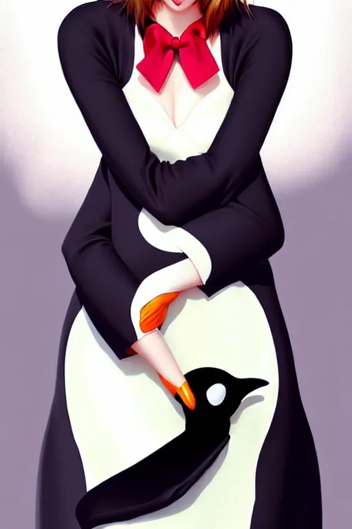 Image similar to Beautiful alluring penguin portrait in satin dress by Artgerm and WLOP, Pixiv