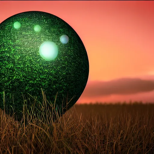 Prompt: dissipate!!, unwind!, a 8k concept illustration of a large glowing ball, superimposed over an 8k field of grass. The surface of the sphere glows softly in the shape of an hourglass, and has a filigree texture that gives the impression of swirling leaves or butterflies.