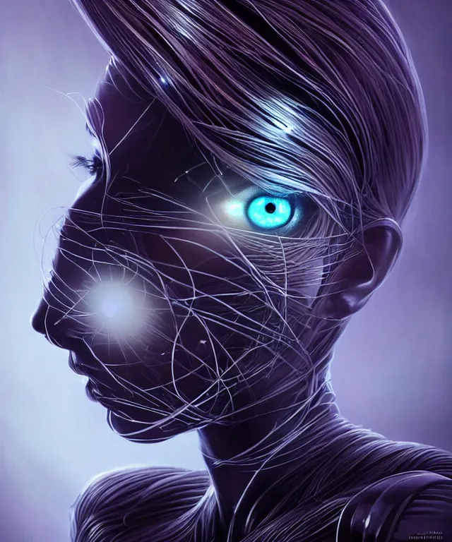 Prompt: Supermodel woman turning into an Android portrait, dark surrealism , scifi, intricate, elegant, sharp black neon eyebrows, ornate long flowing platinum blonde hair and small black streaks, highly detailed cybernetic body, neon glowing eyes, digital painting, artstation, concept art, smooth, sharp focus, illustration, art by Artgerm and moebius and Peter Mohrbacher