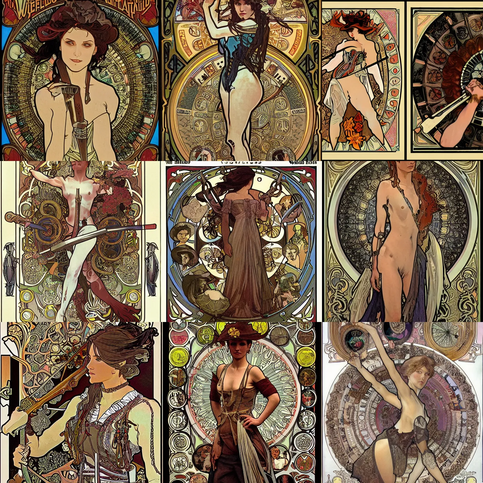 Prompt: extremely detailed wimmelbilder of westworld by alphonse mucha dark murder fighting weapons streets