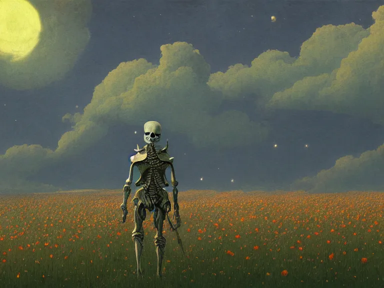 Image similar to a detailed profile illustration of skelleton standing in a field of flowers, aurora lighting clouds and stars by beksinski carl spitzweg and tuomas korpi. intricate artwork by moebius. Trending on artstation. 8k