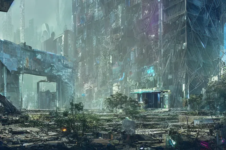 Prompt: a triangular portal structure made from crystals in the centre of an abandoned overgrown cyberpunk city, matte painting, unusual composition