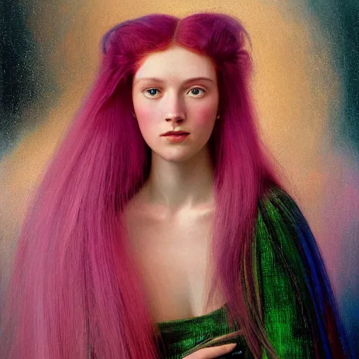 Image similar to A beautiful portrait of a woman with iridescent skin by James C. Christensen, scenic environment, pink hair