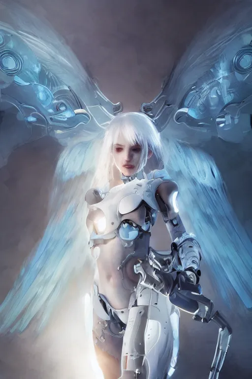 Image similar to Beautiful cyborg angel girl, blue eyes, white hair, front light, clear skin, futuristic room background, excellent composition, innocent look, high quality, highly detailed, scifi, trending on ArtStation, Akihiko Yoshida