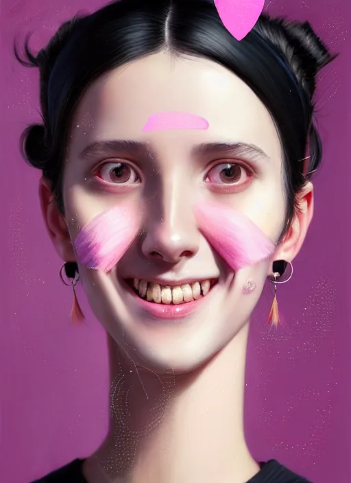 Image similar to portrait of high school girl, realistic, black hair, bangs, half updo hairstyle, pointy nose, skinny, smile, ugly, defined jawline, big chin, pink hair bow, earrings, intricate, elegant, glowing lights, highly detailed, digital painting, artstation, sharp focus, illustration, art by wlop, mars ravelo and greg rutkowski