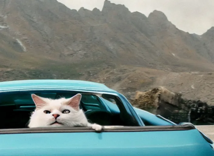 Image similar to A very high resolution image from a new movie, a cat driving a car around, inside of a car , mountains, Polaroid, directed by wes anderson