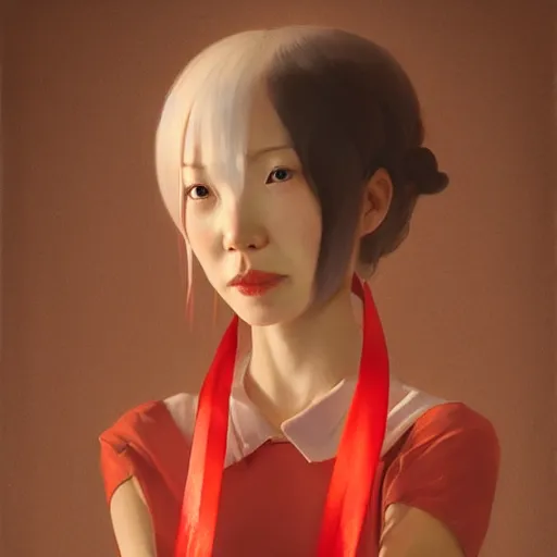 Image similar to Portrait of a japanese young lady with a long white!!!!!!! long white hair and a red ribbon, Rim Lighting, Lantern, by Sergey Kolesov