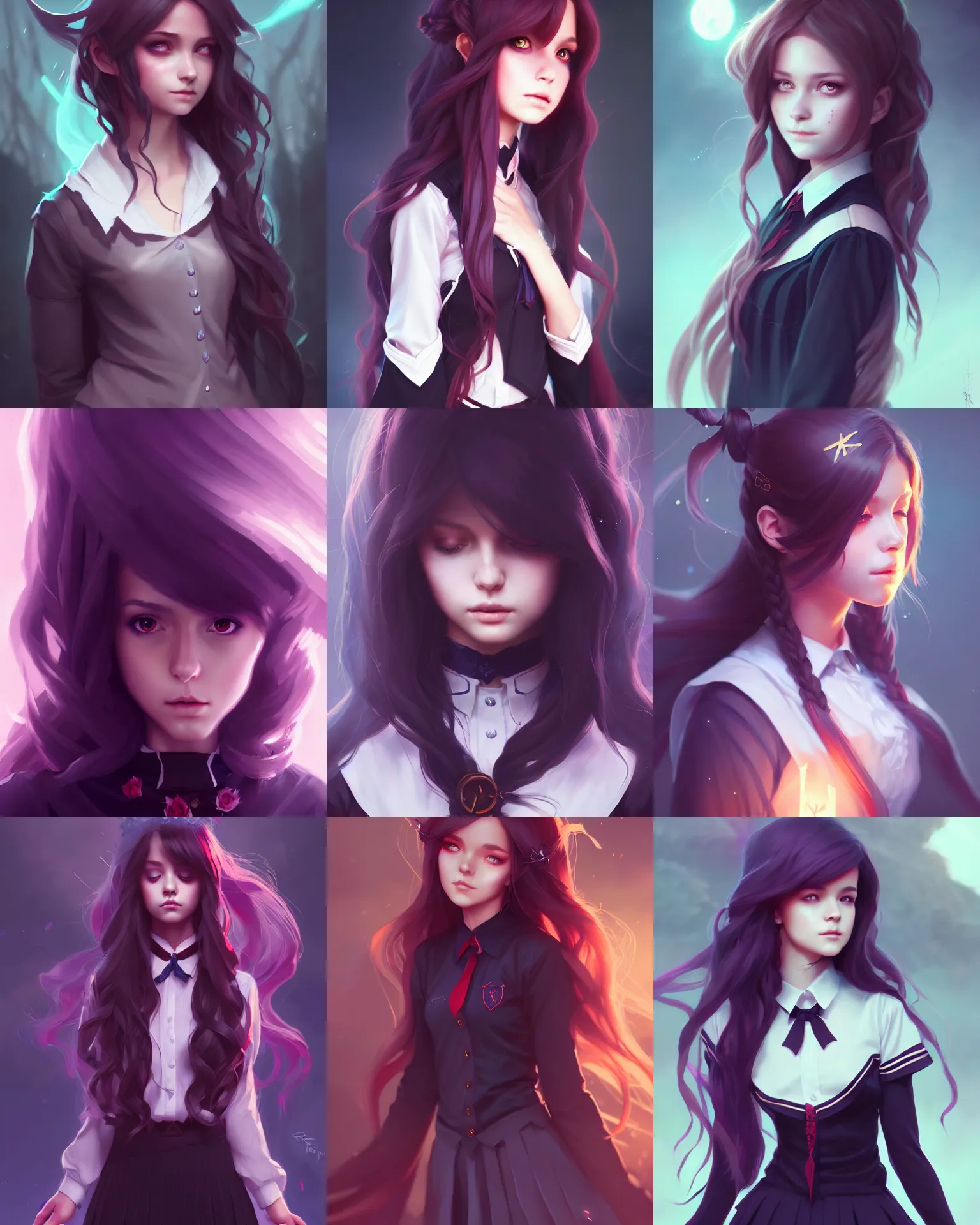 Prompt: Portrait of a beautiful girl, dark magic school student uniform, flowy hair, cinematic lighting, highly detailed, digital painting, trending on artstation, pixiv, concept art, sharp focus, illustration, art by Ross Tran and WLOP