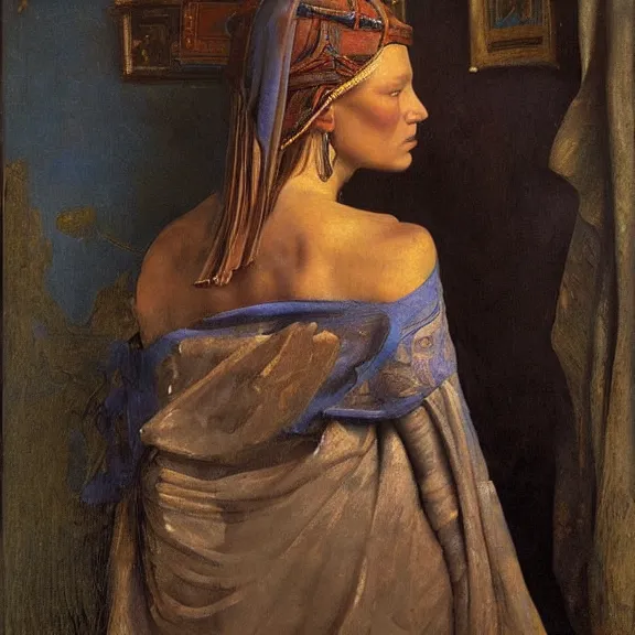 Image similar to Kate moss by Annie Swynnerton and Nicholas Roerich and Vermeer, strong dramatic cinematic lighting, ornate headdress, lost civilizations, smooth, sharp focus, extremely detailed