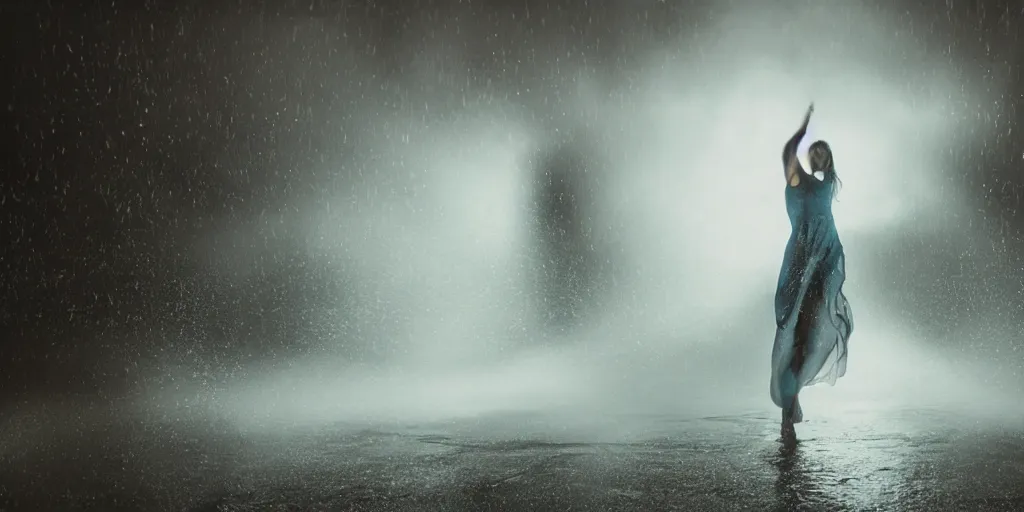 Image similar to slow motion with trail effect of futuristic break dancer wearing floating long dress, long exposure shot , at night in the middle of a rainy street, paddle of water, steam, fog, water splashes, rim lights, glossy reflections, water droplets on lens, octane render, dark and dramatic, detailed and soft, 10mm fisheye