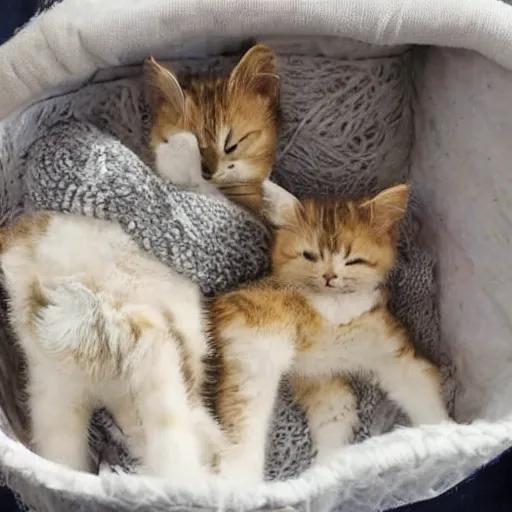 Image similar to two kittens sleeping in a basket, happy, cute