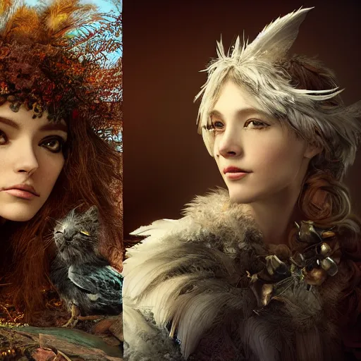 Image similar to portrait character design, a cute feathered cat in an autumn forest, feathers plumage, plumed by brian froud, portrait studio lighting by jessica rossier and brian froud and gaston bussiere