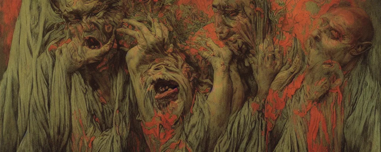 Image similar to vintage brightly color film footage, exaggerated somber exorcism scared priest wide open mouth in terror crying figures inside mental hospital portrait by zdzisław beksinski and gustave dore and alphonse mucha, artstationhq iamag