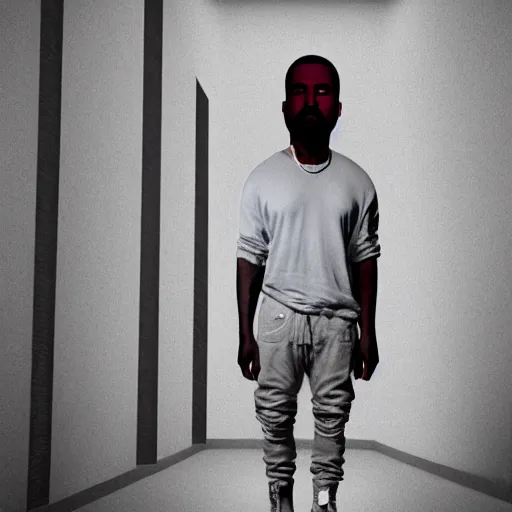 Prompt: kanye west!! stands in a liminal space, dark room!!, creepy atmosphere, trending on artstation, 4 k photorealism, 8 k quality, macabre lighting, alienated feel, vignette