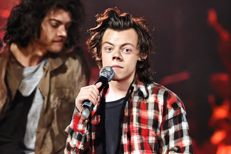 Prompt: Harry Styles after a big bong hit with Snoop Dogg. Red eyes, smoky environment, on stage at a One-Direction concert