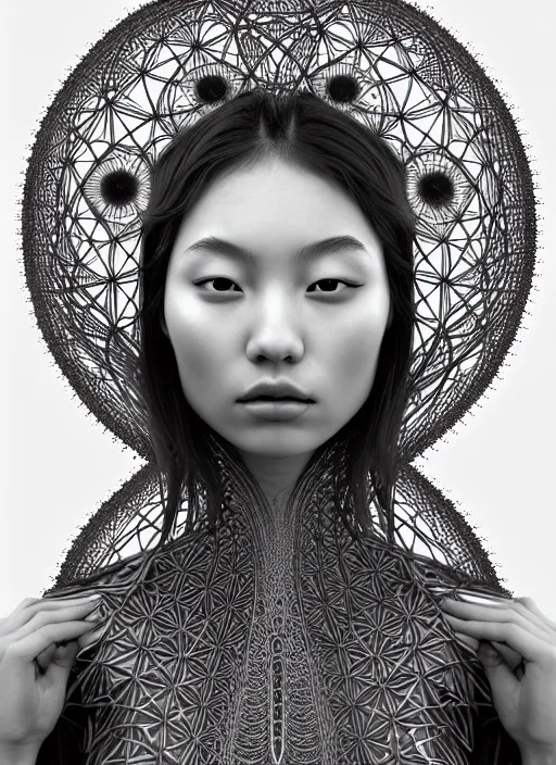 Prompt: ridiculously beautiful young asian woman thinking by irakli nadar, several layers of intricate sacred geometry, orgasm, cosmic, natural, awakening, symmetrical, in the style of ernst haeckel and alex grey, woven lattice, warm, photo realistic, epic and cinematic