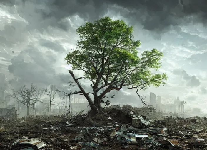 Prompt: a tree growing in the rubble of a post - apocalypse city wasteland, gray dull background, vibrant colorful green leaves, hyperrealistic, very detailed leaves, sharp focus, highly detailed, cinematic, ray of golden sunlight, digital art, soft lightning, muted colors, oil painting by greg rutkowski