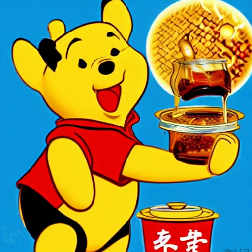 Image similar to Chinese propaganda poster of Winnie the pooh eating honey , high definition, 4k