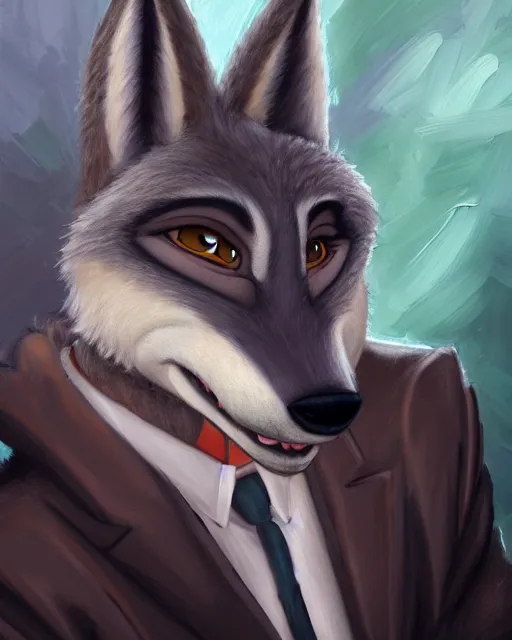 Image similar to beautiful oil painting of anthromorphic female wolf, in style of zootopia, zootopia, zootopia, fursona, furry, furaffinity, 4 k, deviantart, furry art, fursona art, wearing black business suit, business suit, in style of zootopia, wolf fursona, female, expressive detailed very very very feminine face,