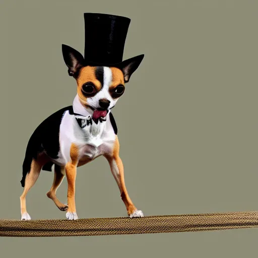 Prompt: a Chihuahua with a top hat walking a person on a tightrope