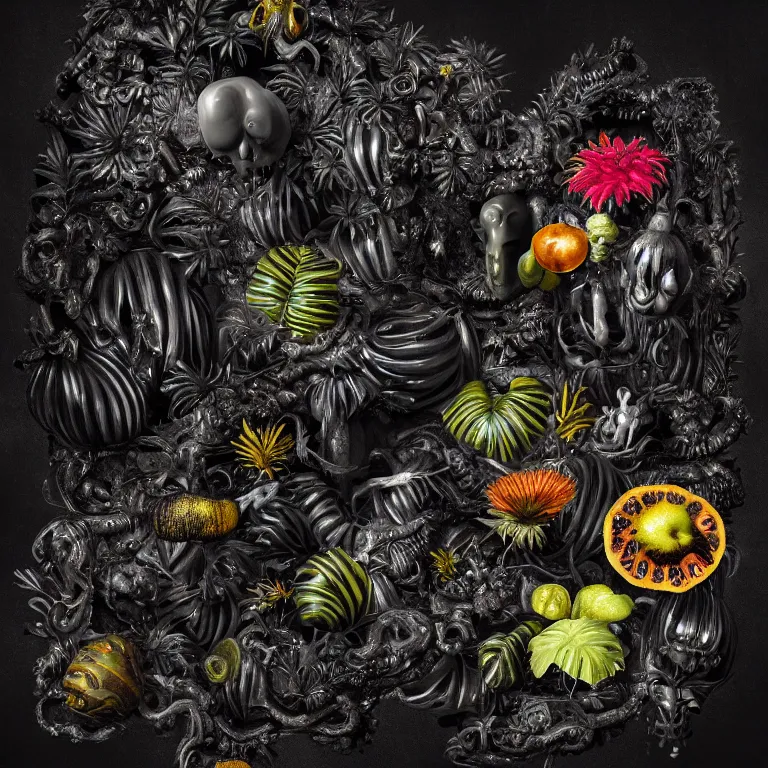 Image similar to still life of surreal alien black tropical flowers, rotten moldy black mold, dripping black paint, surreal alien ribbed black tropical fruit, black human spine, black background baroque painting, beautiful detailed intricate insanely detailed octane render, 8K artistic photography, photorealistic, chiaroscuro, Raphael, Caravaggio