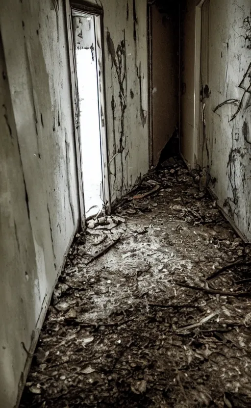 Image similar to high quality photo of a monster in the hallway of an old abandoned victorion house