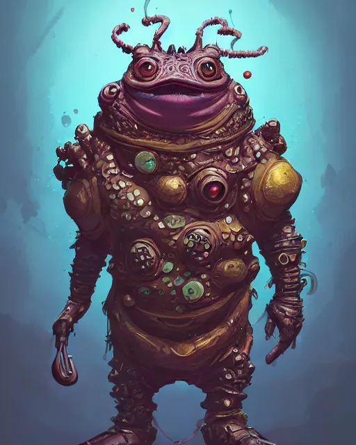 Prompt: a slimy anthropomorphic toad king wearing ornate cyberpunk armor, smooth, intricate, elegant, digital painting, artstation, steam, grungy steel, concept art, sharp focus, octane render, illustration, art by josan gonzalez,