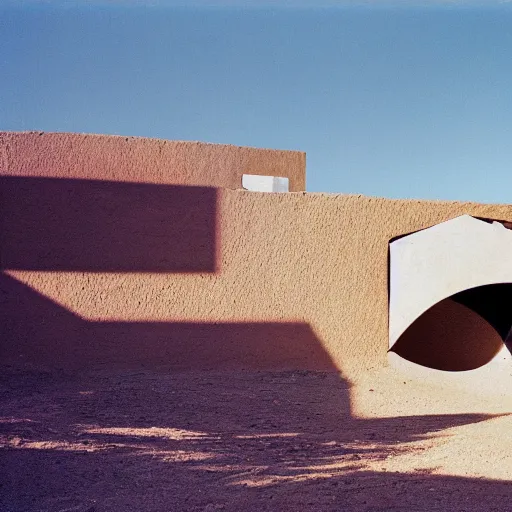 Image similar to a Non-Euclidean orb-like clay house sitting in the desert, vintage photo, beautiful cinematography, blue sky, film grain