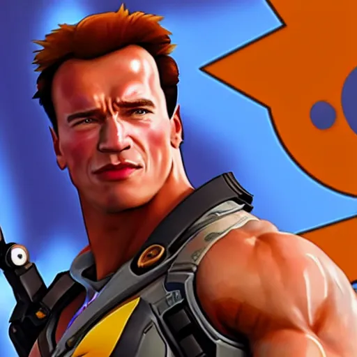 Image similar to a screenshot of arnold schwarzenegger as tracer in overwatch