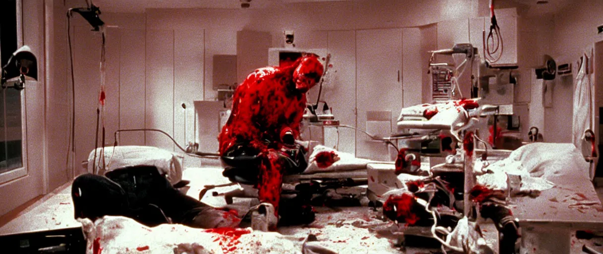 Image similar to filmic extreme wide shot dutch angle movie still 35mm film color photograph of a doctor operating on a soccer ball, blood splattering, in the style of The Thing 1982 horror film