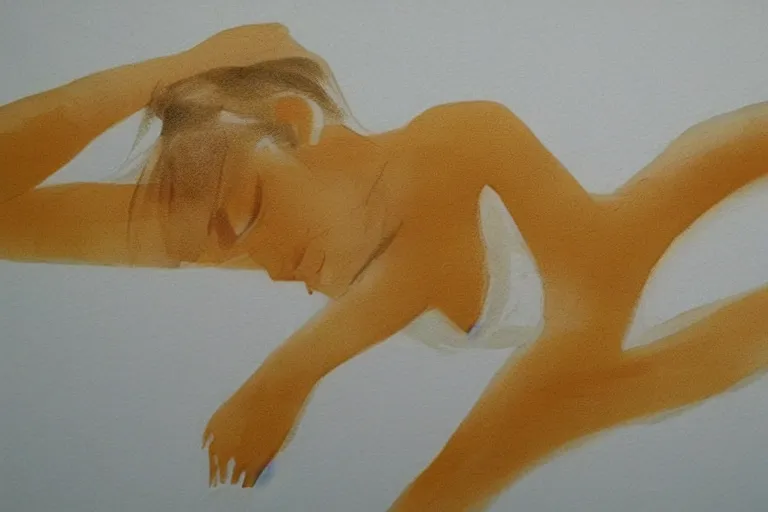 Image similar to beautiful serene swimming person, healing through motion, life, minimalistic golden and ink airbrush painting on white background