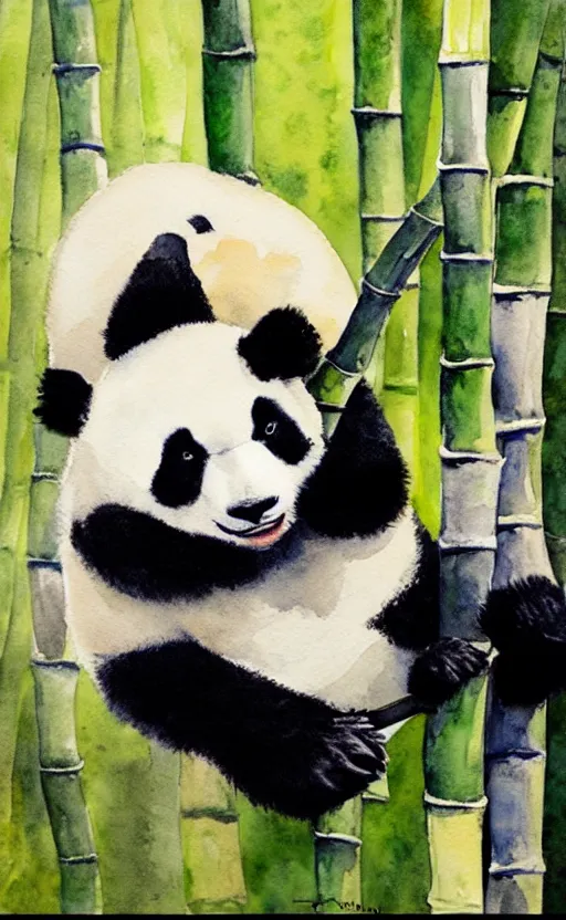 Image similar to a watercolor painting of a panda eating bamboo, dynamic lighting, photorealistic, ambient lighting, atmospherical, stunning visuals, trending on art station