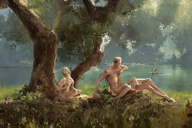 Prompt: adam and eve next to a tree and a lake, digital painting by craig mullins, by mattias adolfsson,