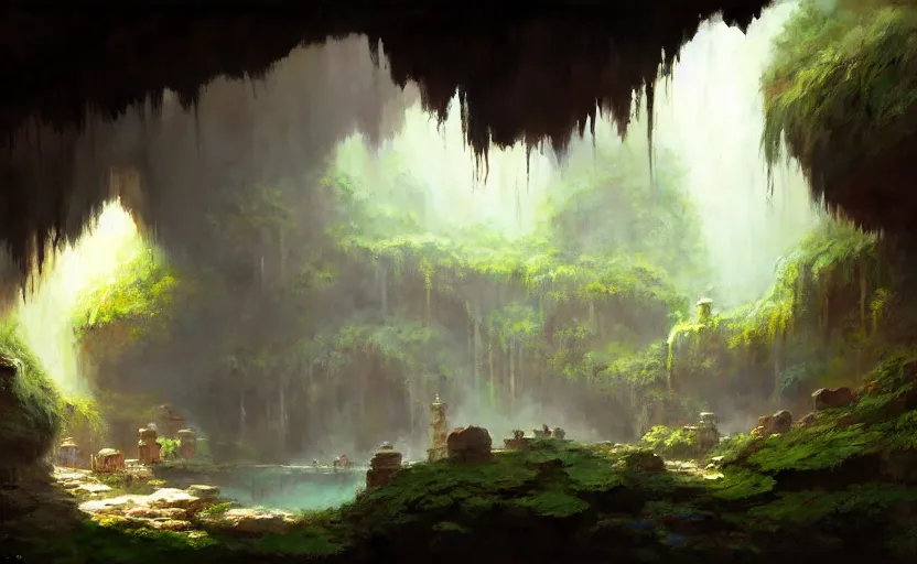 Image similar to painting of an interior of a hidden hotspring in a cave, fantasy, lush plants and flowers, natural light, concept art, by greg rutkowski and craig mullins, cozy atmospheric and cinematic lighting, trending on artstation