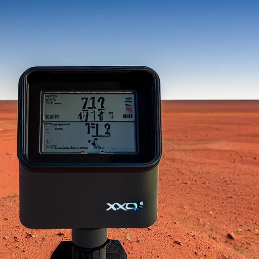 Prompt: mobile camoflaged rugged weather station sensor antenna for monitoring the australian desert, XF IQ4, 150MP, 50mm, F1.4, ISO 200, 1/160s, dawn