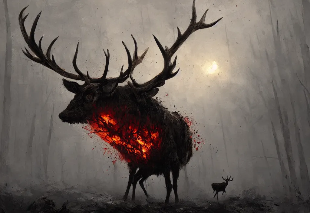 Prompt: a stag inside a burning heart, artstation, jakub rozalski, high detail, dramatic lighting