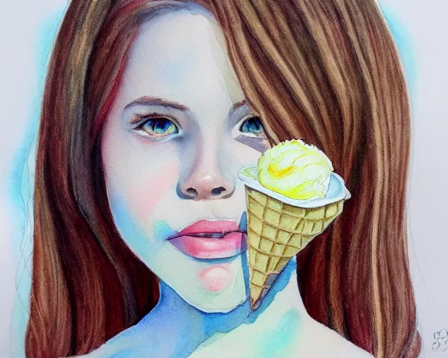 Image similar to a girl with the ice cream watercolor colored pencil painting trending on artstation